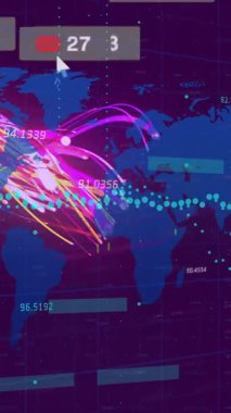 Sosyal medya bildirimleri ve dünya haritasıyla dijital veri görselleştirmesinin animasyonu. Teknoloji, bağlantı, iletişim, ağ, küresel, sanal