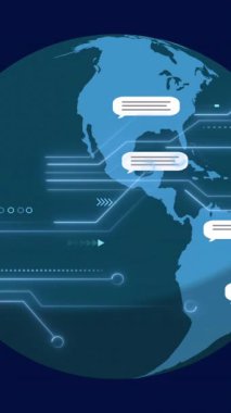 Mavi arkaplanda simgelerle bilgisayar devre kartının animasyonu. Küresel teknoloji, bilgisayar ve dijital arayüz kavramı dijital olarak oluşturulmuş video.