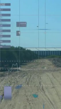 Veri işleme animasyonu, dünya haritası ve manzara üzerindeki diyagramlar. Küresel iş, doğa ve dijital arayüz kavramı, dijital olarak oluşturulmuş video.