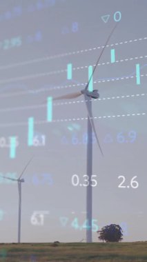 Çevredeki rüzgar türbinleri üzerinde finansal veri işleme animasyonu olan. Yenilenebilir enerji, teknoloji, sürdürülebilirlik, çevre, ekonomi