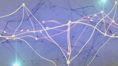 Pastel izleri mor-mavi arka planda ortaya çıkıyor, düğümler örüyor, işaret fişekleri atıyor, bağlantıyı gösteriyor. Teknoloji, bağlantı, yenilik, dijital, soyut, gelecekçilik, görselleştirme