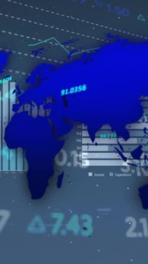 Animation of financial data processing over world map. Global business, finance, computing and data processing concept digitally generated video.