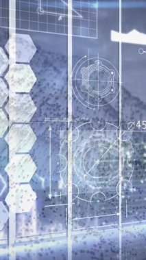 Okulda, altıgenler ve grafiklerle gelecek dijital arayüzün animasyonu. Teknoloji, yenilik, tasarım, veri