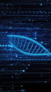 DNA iplikçiklerinin üzerinde veri işleme animasyonu. Küresel bilim, araştırma ve veri işleme kavramı dijital olarak oluşturulmuş video.