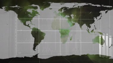 Haritanın görünmesi ızgaranın zayıflamasını, dalga formunun ortaya çıkmasını, çubukların yükselmesini, büyümeyi gösteren kaydırmayı tetikler. Veri görselleştirme, dijital arayüz, analitik, bağlantı, yenilik, gelecek, teknoloji