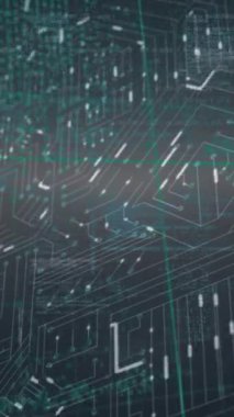 Animation of data processing over microprocessor connections against grey background. Cyber security and business technology concept