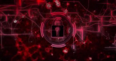 Sürüklenen fraktallar asma kilit simgesini etkinleştiriyor, parlayan neon ışıkları ve güvenli veri akışını gösteren titreşimli halkalar. Siber güvenlik, dijital, fütüristik, teknoloji, yenilik, koruma, şifreleme