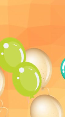 Turuncu arka planda uçan renkli balonların canlandırması. parti ve kutlama konsepti dijital olarak oluşturulmuş video.