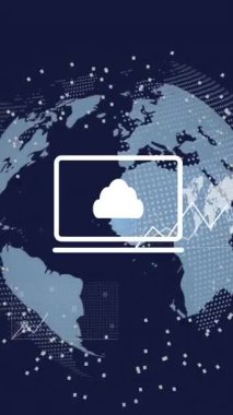 Dünya üzerinde veri işleme animasyonu. Dijital olarak oluşturulmuş küresel bağlantılar, hesaplama ve veri işleme kavramı.