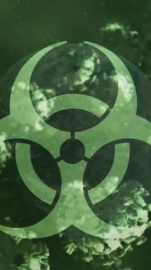 Biyolojik tehlike sembolü ve dünya üzerinde yüzen 19 hücrenin animasyonu. küresel covid 19 salgın konsepti dijital olarak oluşturulmuş video.