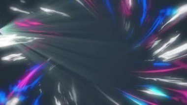 Sol kenarda parlayan renkli çizgiler girdap oluşturarak boşlukta şeritleri süpürüyor. Soyut, geleceksel, neon, hareket, enerji, siber, dinamik