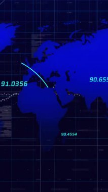 Animation of data processing over world map on black background. Global connections, computing and digital interface concept digitally generated video.