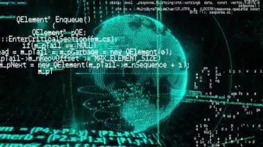 Ortaya çıktıktan sonra, C + + kodunu yayarken ızgarada dönen deniz mavisi küre verileri görselleştiriyor. Siber uzay, dijital, geleceksel, programlama, teknoloji, veri, ağ