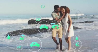 Sörfün içine adım atmak, kıyı sürdürülebilirlik verilerini vurgulayarak sürüklenen canlandırılmış simgeleri tetikler. Romantik, çift, plaj, dinginlik, doğa, sürdürülebilirlik, çevre