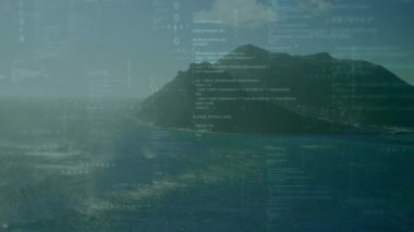 Zaman çizelgesi başlatma kodları kayalık adanın üzerinde kayboluyor veri görselleştirme için sonra kayboluyor. Hava görüşü, dijital kaplama, veri görselleştirme, fütüristik, minimalizm, okyanus bilimi, teknoloji