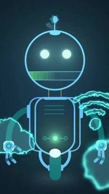Parlak gözlü, bulut simgeli, fütüristik teknoloji animasyonlu bir robot. Yapay zeka, robot bilimi, yenilik, dijital, gelecek, otomasyon