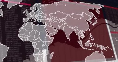 Beyaz harita altında yükselen parmaklıklar kod pencerelerini kaydırıyor ve verileri gösteren kırmızı çubukları süpürüyor. Veri görselleştirme, dijital arayüz, analitik, teknoloji, siber güvenlik, bilgi, bilgi