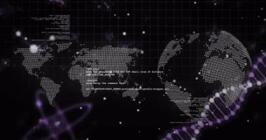 Titreşimli kod holografik UI 'yı başlatıyor, harita, dönen dünya DNA sarmalını ortaya çıkarıyor, soluyor. Futuristik, dijital, teknoloji, yenilik, veri, ağ, bilim