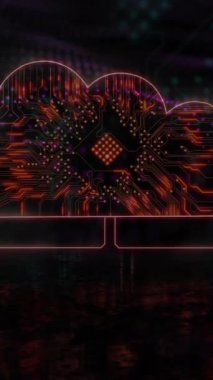 Siyah arkaplandaki noktaların üzerinde bilgisayar devresi olan bulut simgesi animasyonu. Küresel teknoloji, çevrimiçi güvenlik, bilgisayar ve dijital arayüz kavramı dijital olarak oluşturulmuş video.