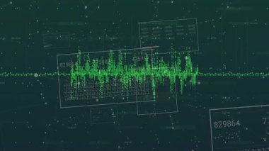 Yüzen parçacıklar yeşil dalga biçimini etkinleştiriyor ve sinyalin etrafında izleme için kutular oluşturuyorlar. Dijital, geleceksel, soyut, teknoloji, ağ, veri, görselleştirme