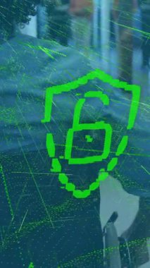 Ofis ortamında çalışan insanlar üzerinde siber güvenlik kalkanı animasyonu. Teknoloji, koruma, dijital, veri, güvenlik, takım çalışması