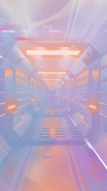 Parlak ışıklar ve canlı renkler fütüristik koridorda bilim kurgu animasyonu yaratıyor. neon, teknoloji, dijital, fantezi, yenilik