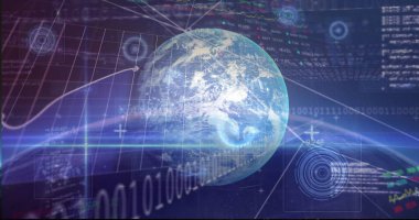 Dünya 'nın üç boyutlu küresini döndürerek sanal yüksek teknoloji arayüzü içinde ikili akımlarla hisse senedi grafiklerini gösteriyor. Gelecekçi, yenilikçi, dijital, küresel, veri, bağlantı, analitik