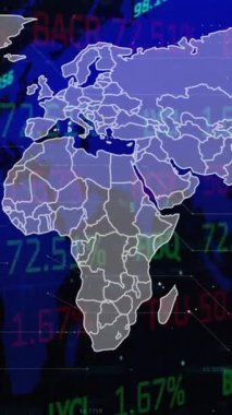 Dünya haritasında finansal veri işleme animasyonu. Küresel iş ve dijital arayüz kavramı dijital olarak oluşturulmuş video.