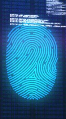 İkili kodlama üzerine veri işleme ve parmak izi animasyonu. Küresel iş ve dijital arayüz kavramı dijital olarak oluşturulmuş video.