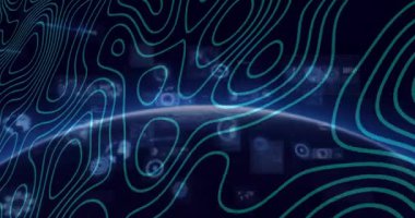 Sola doğru süpürülen parlaklık ufuk çizgisini gösteriyor, çizgiler daralıyor, ikonlar taranmak için kümeleniyor. Fütürist, bilimsel, holografik, dijital, kozmik, sürükleyici, yenilikçi