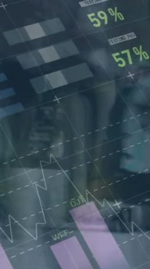 Animation of statistical data processing over time-lapse of people walking on the street. Business data and analytics technology concept