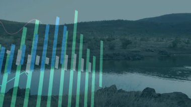 Ortaya çıkan şeffaf çubuklar, göl üzerinde çizgi grafik büyümesi başlatarak değişen veri eğilimlerini gösteriyor. Soyutlama, veri, görselleştirme, sakinlik, doğa, yenilik, teknoloji