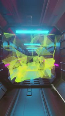 Hareket eden dijital tünelin üzerindeki sarı şekillerin animasyonu. Sosyal medya ve dijital arayüz konsepti dijital olarak oluşturulmuş video.