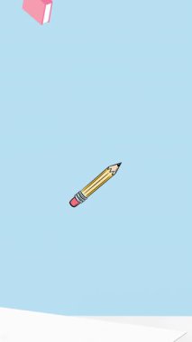 Kitapların ve ofis eşyalarının mavi arka planda canlandırılması. ulusal temizlik sizin masa günü konsepti dijital olarak oluşturulmuş video.