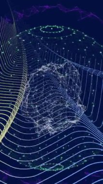 Noktaları ve küreyi birleştiren soyut dalgaların animasyonu. Dijital olarak oluşturulmuş, bilgisayar grafiği, küresel iletişim, ağ, bağlantı, fütüristik.