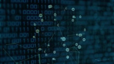 Avro sembolü etrafında veri akışlarını gösteren ağlara bağlanan ikili haneli rakamlar kaydırılıyor. Teknoloji, veri, bağlantı, siber alan, yenilik, soyutlama, dijital