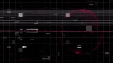 Şebekede beliren soluk kırmızı dalga formu sürüklenen veri bloklarıyla küre darbesine neden oluyor. Siber uzay, dijital, fütürizm, arıza, teknoloji, veri görselleştirme, soyut