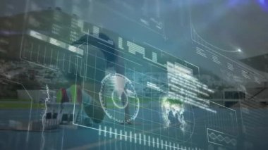 Pist grafikleri, kadın koşucuya rehberlik ediyor. Çömeliyor, sonra da HUD spor ölçümleri altında koşuyor. Performans, atletizm, fütürizm, teknoloji, fitness, rekabet, yenilik