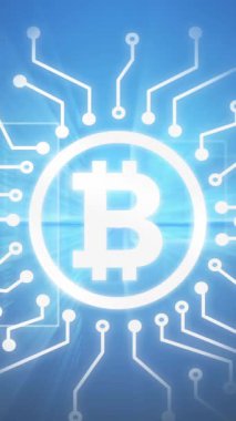 Bitcoin animasyonu, entegre devre ve mavi arka plandaki veriler. Veri işleme, iletişim, internet güvenliği ve teknoloji konsepti dijital olarak oluşturulmuş video.