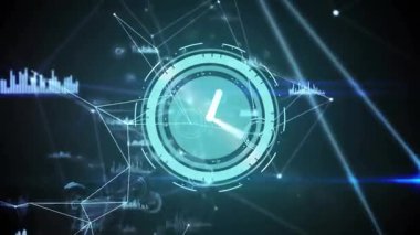 Parlak saat soluyor ve ağ çizgileri yarım daire şeklinde dönüşerek veri akışını gösteriyor. Fütürist, veri görselleştirme, siber ağ, dijital arayüz, teknoloji, soyut, minimalist