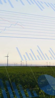 Finansal veri işleme ve rüzgar türbinlerinin animasyonu. küresel çevre, sürdürülebilirlik ve finans kavramı dijital olarak oluşturulmuş video.