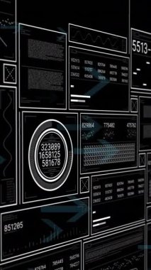 Sayıları değiştirmenin animasyonu, çizgileri, daireleri ve grafikleri siyah arkaplana karşı yükleme. Dijital olarak oluşturulmuş, hologram, illüstrasyon, rapor, iş, ilerleme ve yön kavramı.