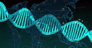 Kuzey Amerika 'yı takip ederek ve küresel verileri haritalayan Cyan DNA sarmalını cisimleştirerek başlayarak. Fütürist, dijital, teknoloji, veri, ağ, soyut, bilim