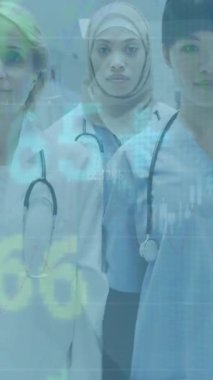 Değişik sağlık çalışanlarından oluşan bir ekibin borsa veri işleme çalışmalarının animasyonu. Küresel ekonomi ve sağlık konsepti