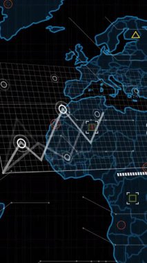 Dünya haritasında finansal veri işleme animasyonu. Küresel finans, iş, bağlantılar, hesaplama ve veri işleme kavramı dijital olarak oluşturulmuş video.