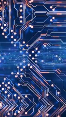 Mavi arka planda çizgiler ve düğümlerle parlayan devre kartı deseni animasyonu. Teknoloji, dijital, elektronik, fütüristik, ağ, siber