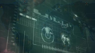 Deniz mavisi ızgarası açılıyor, UI uyarısı işaretleyicileri canlandırılıyor sonra veri analizi için dünya haritası panelleri ortaya çıkıyor. Fütürist, teknoloji, arayüz, siber güvenlik, veri görselleştirme, dijital, soyut