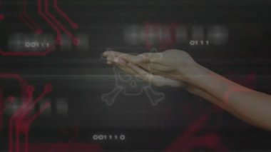 İkili arkaplan, kafatası titreşimi başlatılan eller veri gösterimi için beyin hologramını kaldırıyor. Futuristik, teknoloji, dijital, siber alan, arayüz, yenilik, görselleştirme