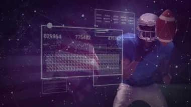 Mavi formalı futbolcu kayan istatistik panellerinde beliriyor; rakip görünümü kayboluyor. Spor analitiği, veri görselleştirme, dijital arayüz, atlet performansı, sanal çevre, fütüristik tasarım, rekabetçi spor