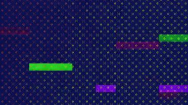 Noktalı arkaplan açılıyor renkli çubuklar ve ızgara dönüşümü başlıyor, çubuklar renk tanıtımı için kayıyor. Soyut, geometrik, dijital, minimalist, canlı, hareketli, fütürist